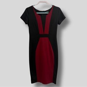 Rephyllis Black and Burgundy Color Block Short Sleeve Sheath Dress